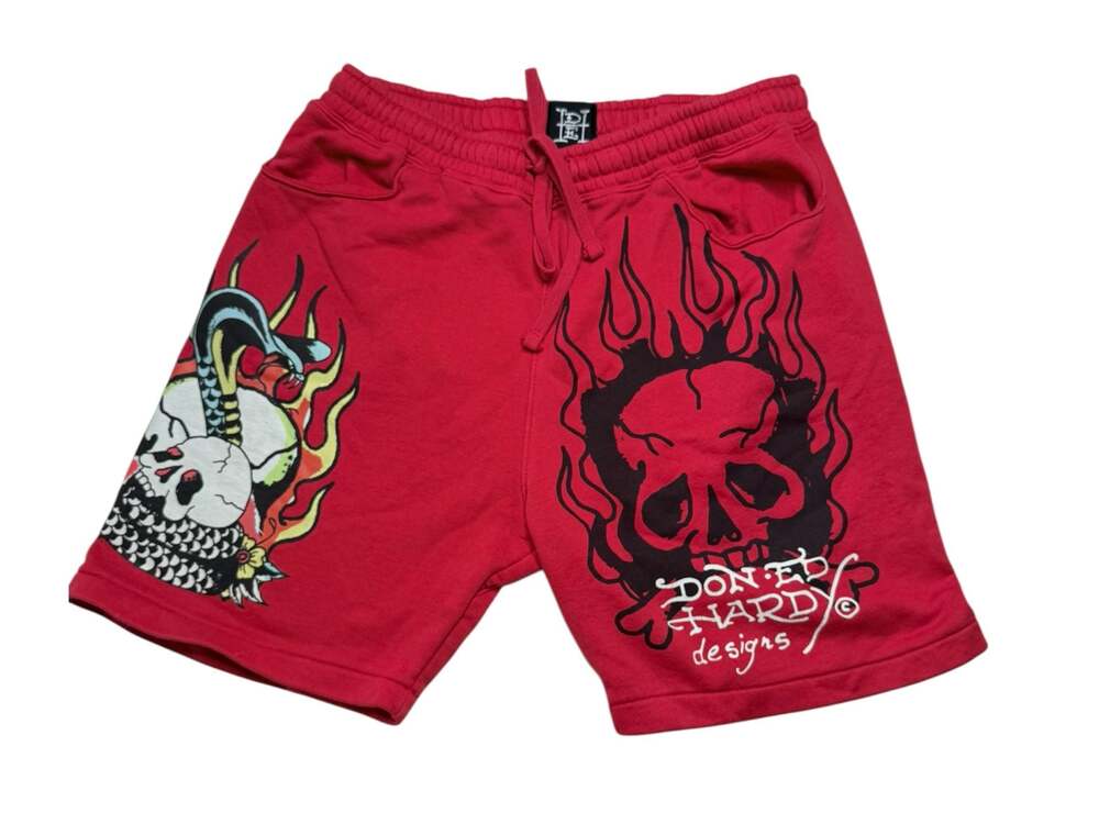 Ed Hardy Red Graphic Sweat Shorts Flaming Skull Dragon Size M